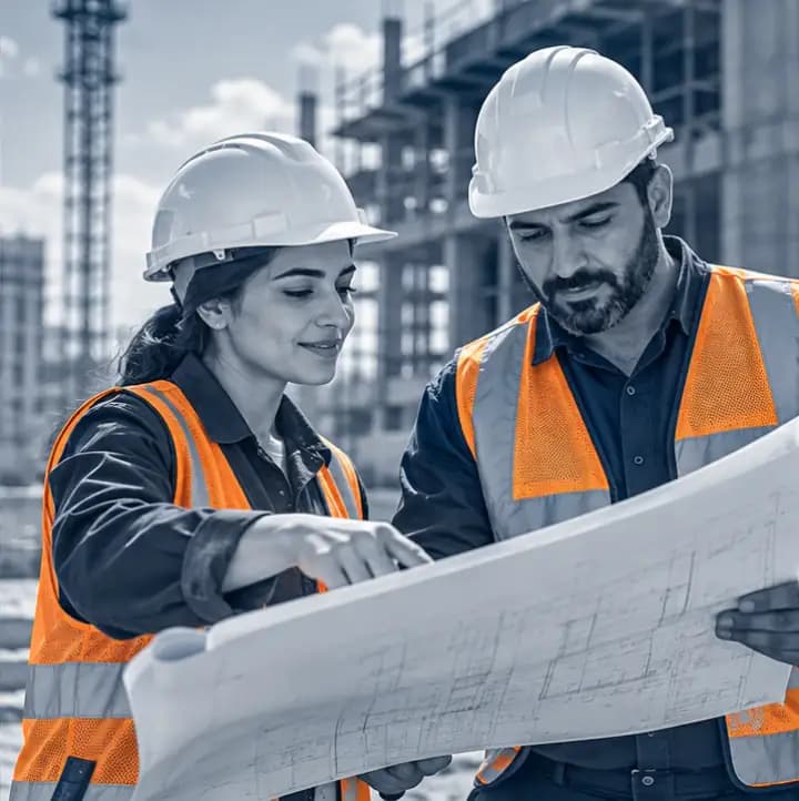 مهندسان يرتديان خوذتي سلامة ويراجعان مخططاً في موقع إنشاءات