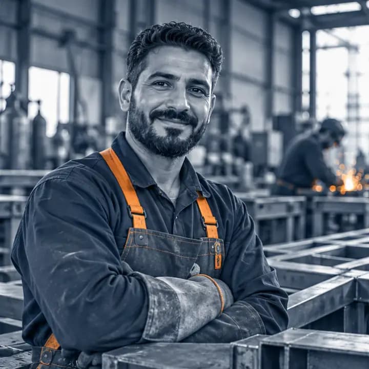لحّام مبتسم يقف في ورشة تصنيع معدني